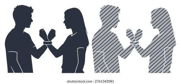 Couple bound concept, relationship problems art, connected people icons, emotional drama.