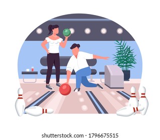 Couple in bowling alley 2D vector web banner, poster. Two people play game. Friends flat characters on cartoon background. Weekend sport activity printable patch, colorful web element