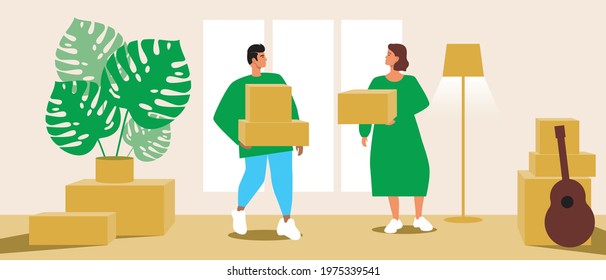 Couple with boxes, apartment move. Flat vector stock illustration. Things are packed. Boxes during renovation. Moving the newlyweds. New house, apartments. Vector graphics
