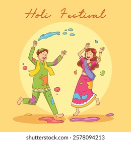 
a couple of boy and girl celebrate holi festival with color powder