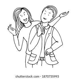 Couple. Boy and girl cheerfully spend time. Concept of positive emotions and celebration. Hand drawn line vector illustration.