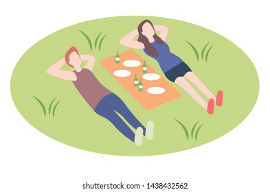 Couple boy and girl lying on meadow having lunch in nature. Woman and man dating at picnic. Outside relax. Summer or spring leisure outdoor in park. Flat cartoon vector illustration