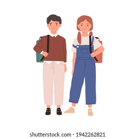 Couple of boy and girl. Portrait of school children with backpacks. Two teen kids standing together. Colored flat vector illustration of schoolboy and schoolgirl isolated on white background