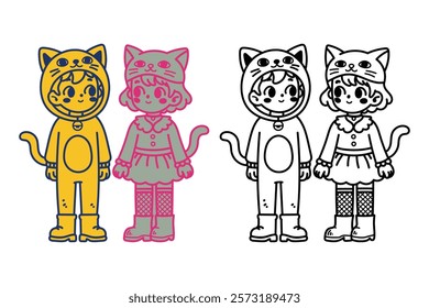 Couple Boy and Girl Wear Cat Costume Vector Image, Coloring Book Pages Kids Wear Cat Costume Vector Image, Coloring Page Boy and Girl With Cat Outfit Vector Illustration. 