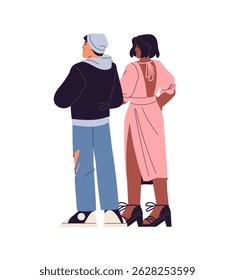 Couple, boy in street fashion clothes and girl in cute dress standing together back view. Stylish people, two diverse friends turned backside. Flat isolated vector illustration on white background
