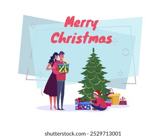 Couple and boy unpacking presents near decorated Christmas tree vector illustration. Merry Christmas lettering on abstract background. New Year, holiday, party, family concept for banner, web design