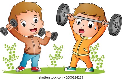 Die Jungs machen mit dem Barbell im Hof der Illustration ein Gewichtheben