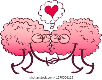 Couple of brains falling in love while kissing passionately. They're clenching their eyes, touching their hands and lips and living intensely the moment. They show a cartoon heart in a thought bubble