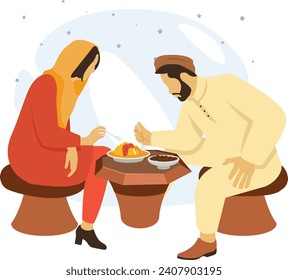 Couple Breaking the fast at Restaurant concept, Enjoying shopping snacks together vector design, Ramadan and Eid al-Fitr Symbol Islamic and fasting Sign, Arabic holiday celebration stock illustration