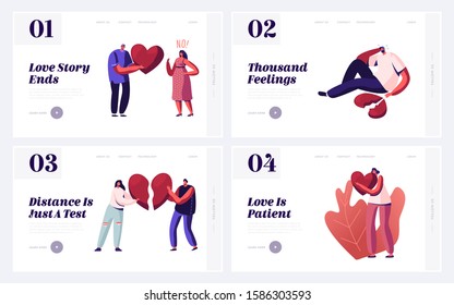Couple Breakup, Disagreement and Cheating Website Landing Page Set. Men and Women with Broken Heart Parting and Divorce. Sorrow Frustration Feelings Web Page Banner. Cartoon Flat Vector Illustration