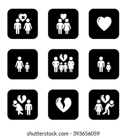 couple breakup, divorce black icons set on white background