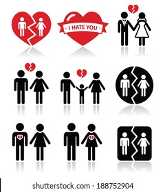 Couple breakup, divorce vector icons set 