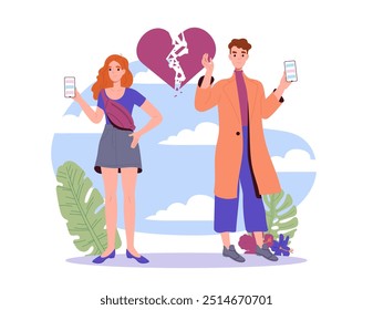 Couple with breakup. Man and woman with heart fragments. Negative feelings and emotions. Husband and wife divorced. Lovers separation. Flat vector illustration isolated on white background