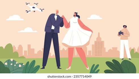 Couple Bride And Groom Characters Embrace On Their Special Day. The Drone Soars, Capturing Their Love