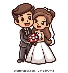 Couple bride and groom bride holding a bouquet cartoon vector icon ilustration, icon isolated vector thick outline