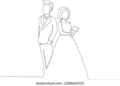 A couple of bridge and groom looked at the guests. Wedding one-line drawing