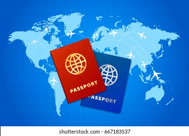 Couple bright passports on world map with airline routes