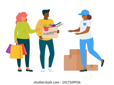 Couple bringing donations to voluntary center flat illustration. Female social worker, volunteer cartoon vector character. Dark skin man holding cardboard box with clothes and belongings