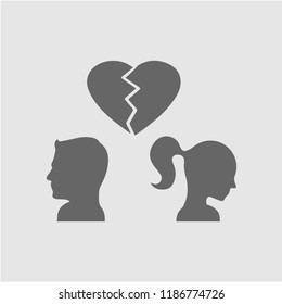 Couple broken heart vector icon. Man and woman break up symbol. Silhouette symbol.