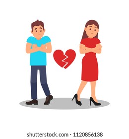 Couple with broken heart. Young woman and man with upset face expressions. Troubles in relationships. Flat vector design