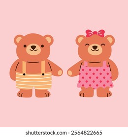 couple brown bears cartoon holding hand illustration