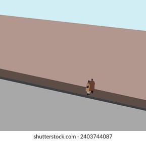 Couple in brown cloth walking and hugging on sidewalk. Romantic date. Travel, tourism and people concept.