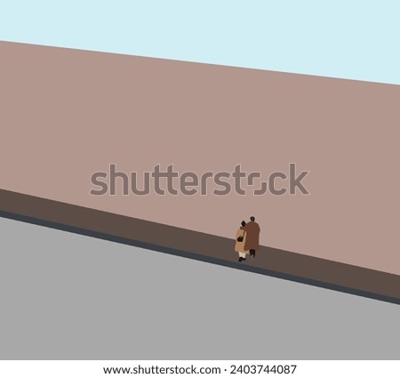 Couple in brown cloth walking and hugging on sidewalk. Romantic date. Travel, tourism and people concept.