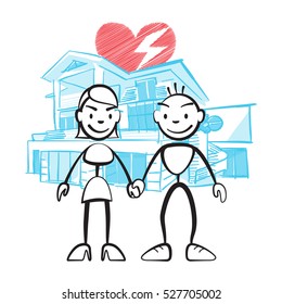 Couple brushing in front of dream house with worries, vector drawing on coloured background, ready for color change