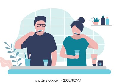 Couple Brushing Teeth In Bathroom. Man And Woman Practice Oral Hygiene. Girl And Guy Do Morning Routine Together. People Brush Teeth With Toothbrushes And Paste. Restroom Interior. Vector Illustration