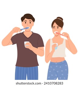 Couple brushing teeth. Man and woman  doing morning routine together. Concept of oral hygiene and dental procedures.Vector illustration