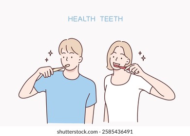 Couple brushing teeth together. Hand drawn style vector design illustrations.	