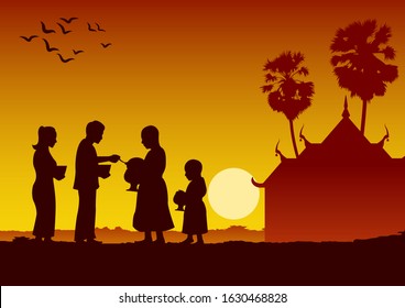 couple buddhist give food offering to a monk or ask as a favour receive food or ask for alms,routine of monk,vector illustration