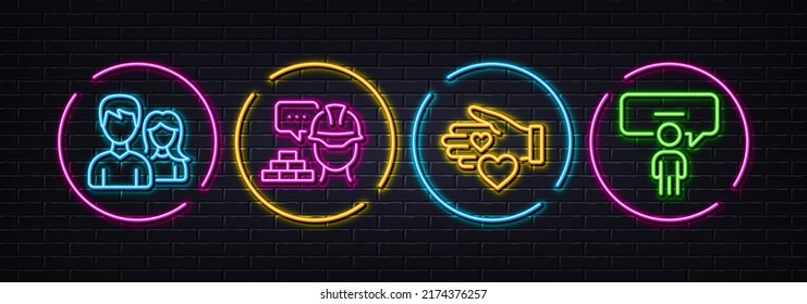 Couple, Build and Volunteer minimal line icons. Neon laser 3d lights. Consulting business icons. For web, application, printing. Male and female, Construction service, Social care. Conference. Vector