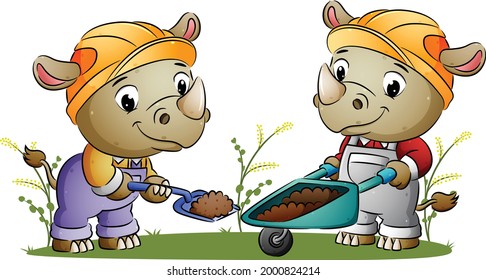 The couple builder rhino is digging the ground and move to the wheelbarrow of illustration