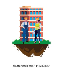 couple of builders constructors workers with building