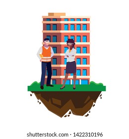 couple of builders constructors workers with building