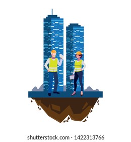 couple of builders constructors workers with building