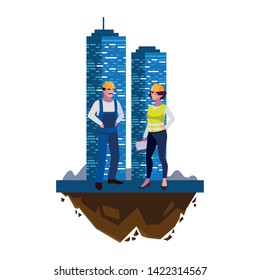 couple of builders constructors workers with building