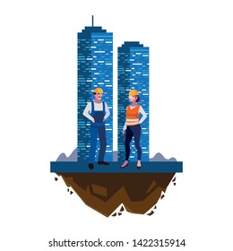 couple of builders constructors workers with building