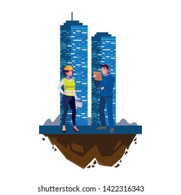 couple of builders constructors workers with building