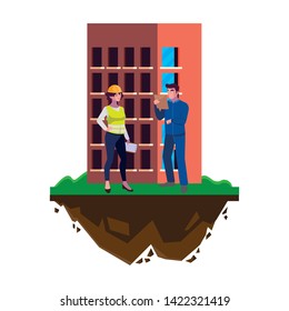 couple of builders constructors workers with building