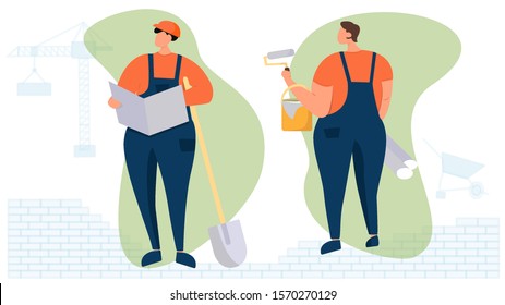 Couple of builders on green background. Workers in the uniform, professional builders. Character in the helmet. Flat vector illustration.