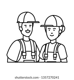 couple builders workers with helmets