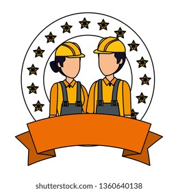 couple builders workers with helmets