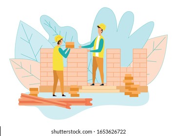 Couple of Builders Working on Construction Site, Worker Giving Bricks to Colleague who Put them on House Wall Creating Building. Working Process, Engineer Occupation Cartoon Flat Vector Illustration