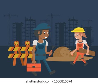couple of builders working under construction scene vector illustration design
