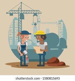 couple of builders working under construction scene vector illustration design