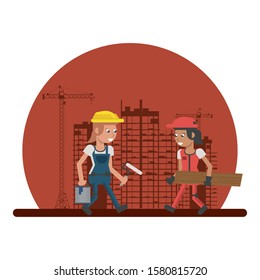 couple of builders working under construction scene vector illustration design