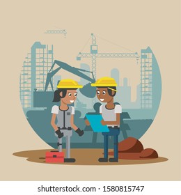 couple of builders working under construction scene vector illustration design