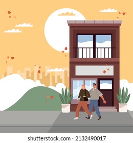 couple and building autumn scene